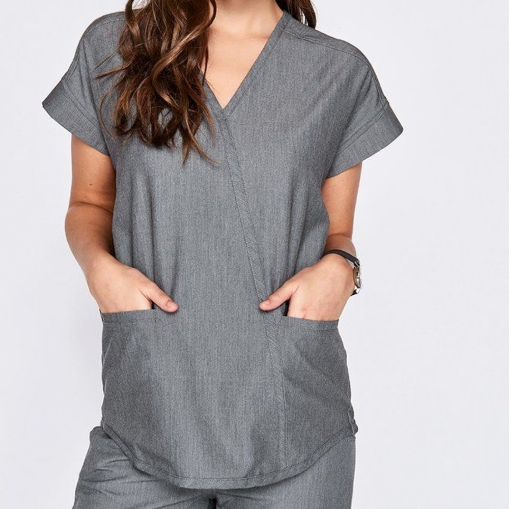 Figs Technical Collection Taza Faux Wrap Scrub Top in Charcoal Gray
